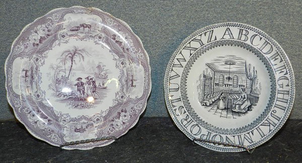 Two Transferware Pieces: Two pieces of English Transferware; a 9" diameter Alphabet bowl made by T. Godwin, Burslem, a 10 1/4" diameter plate titled "Columbus", marked "W A & S" (William Adams & Son)