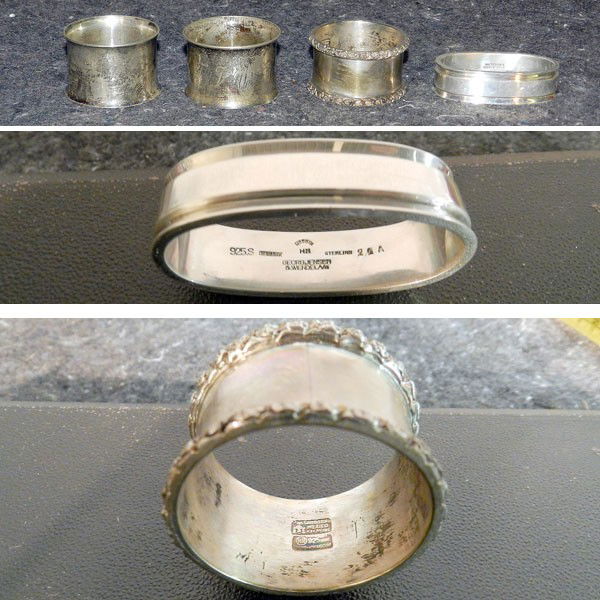 Four Sterling Napkin Rings: Four Sterling napkin rings: Two by Wallace Silversmiths, each 1" high x 1 1/2 " in diameter; one by Sanborn's, Mexico, 1" high x 1 3/4" diam; one Georg Jensen, 5/8" x 1 1/8", total weight 4.55ozt