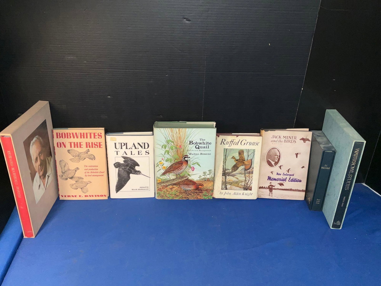 8 Books: Game and Other Birds: To include a 1970 volume about porcelain maker Edward Marshall Boehm in slipcase; Bobwhites on the Rise, 1949, first edition; Upland Tales, 1992, limited first printing 705/750; The Bobwhite Quail, 19