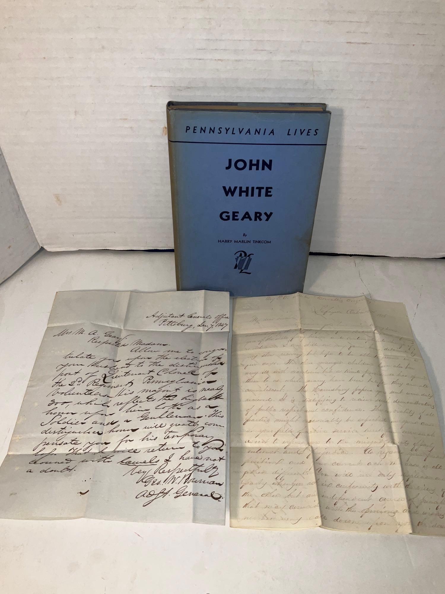 Harry Marlin Tinkcom: John White Geary Grouping: John White Geary by Harry Marlin Tinkcom, 1940, probable first edition with original dust jacket. Lot also includes two letters: a handwritten and signed letter from George W. Bowman, adjutant-general