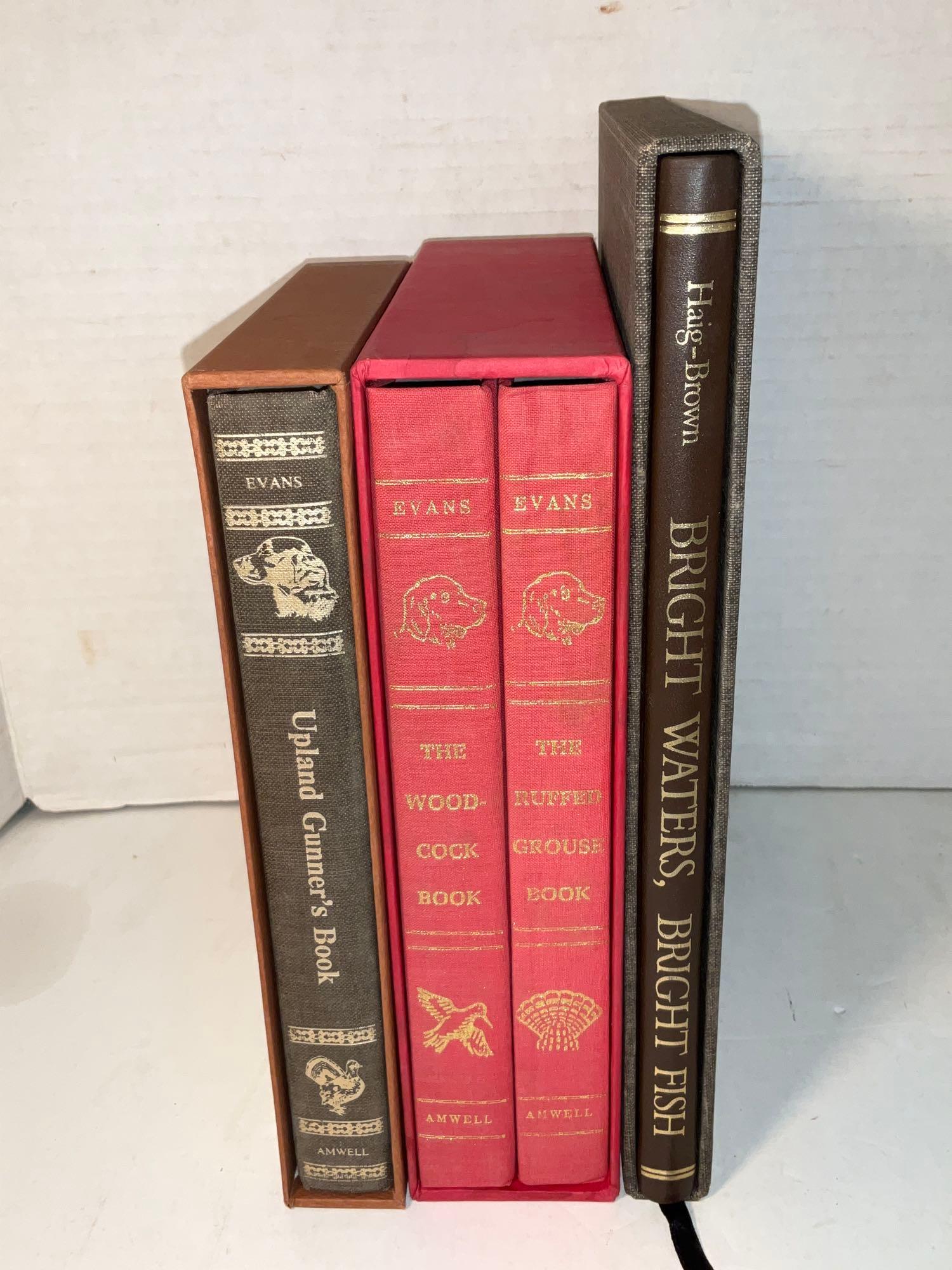 3 Limited Edition Sporting Books: To include Bright Waters, Bright Fish by Roderick Haig-Brown, 1980, signed, limited edition #812 of 1000, 1/2 leather bound with brown cloth boards and gilt lettering and design, with original slipcas