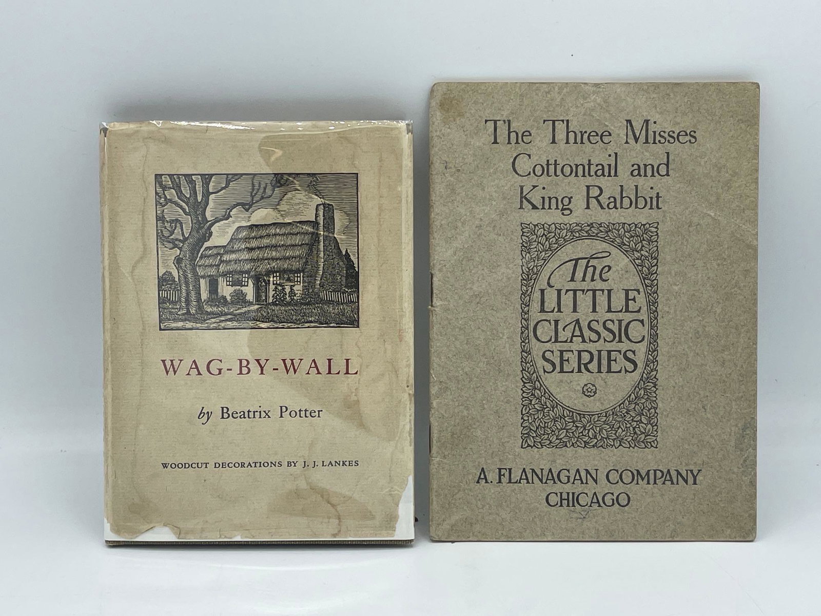 Beatrix Potter Wag-By-Wall and Lang Series: A Wag-By-Wall first edition book by Beatrix Potter including woodcut decorations by J.J. Lankes, The Horn Book, Inc., Boston, 1944; and The Three Misses Cottontail and King Rabbit by Ossian Lang, illu