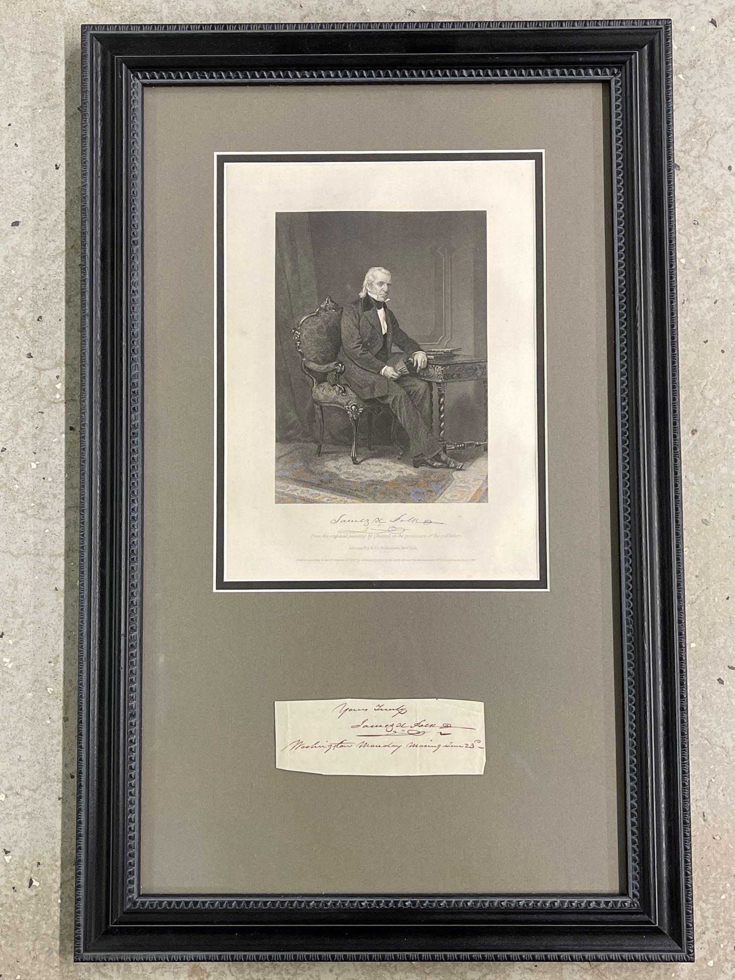 James Polk Print and Signed Document: A James Knox Polk print and a piece of a pen-signed document. Print: 10-1/2in x 8in. Document: 2in x 5in. Frame: 23in x 14-1/2in. | Local and NYC curbside delivery details and international third-part
