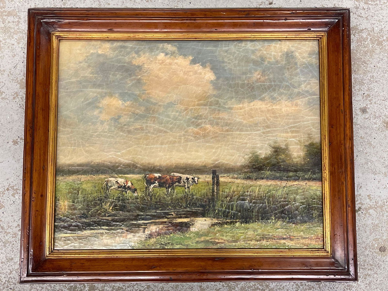Trevor James. Oil/Canvas, Cows: Trevor James (American, 20th C.) An oil on canvas of grazing cows in a meadow. Signed "Trevor James" lower right. Canvas: 23in x 29in. Frame: 30in x 36in. | Local and NYC curbside delivery details and