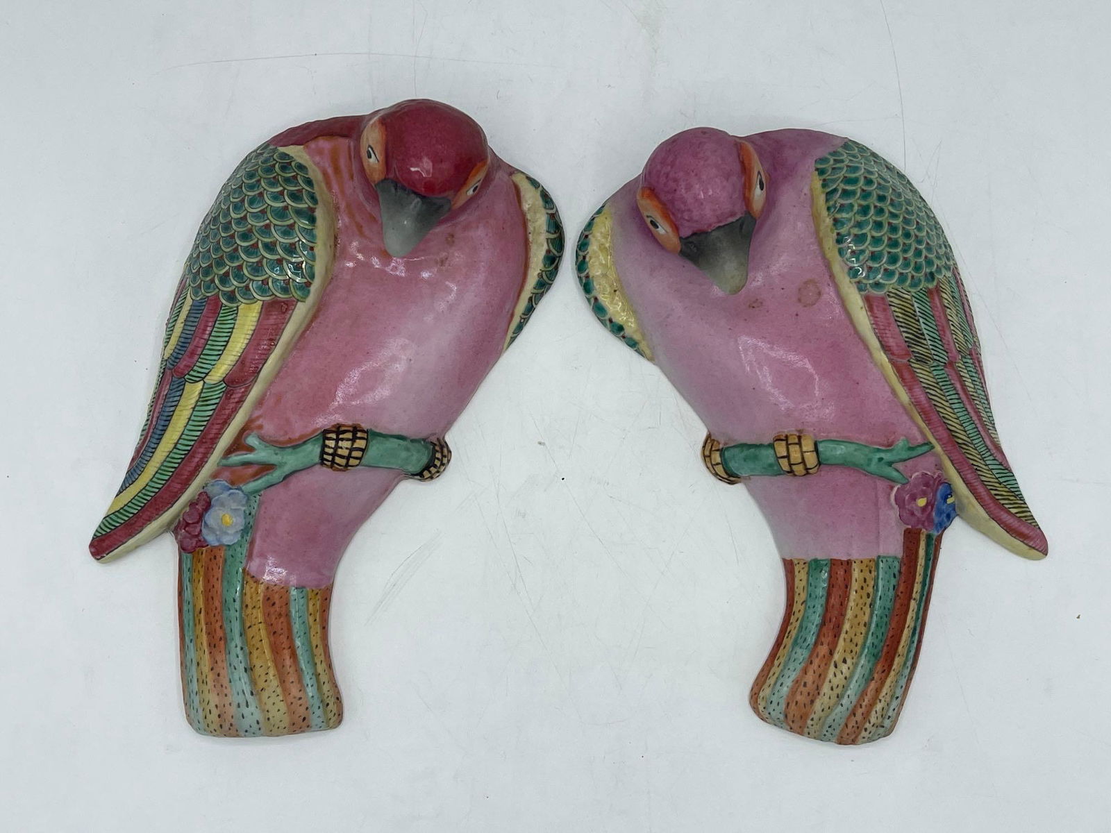 Pair of Chinese Famille Rose Parrot Wall Vases (1 of 5)