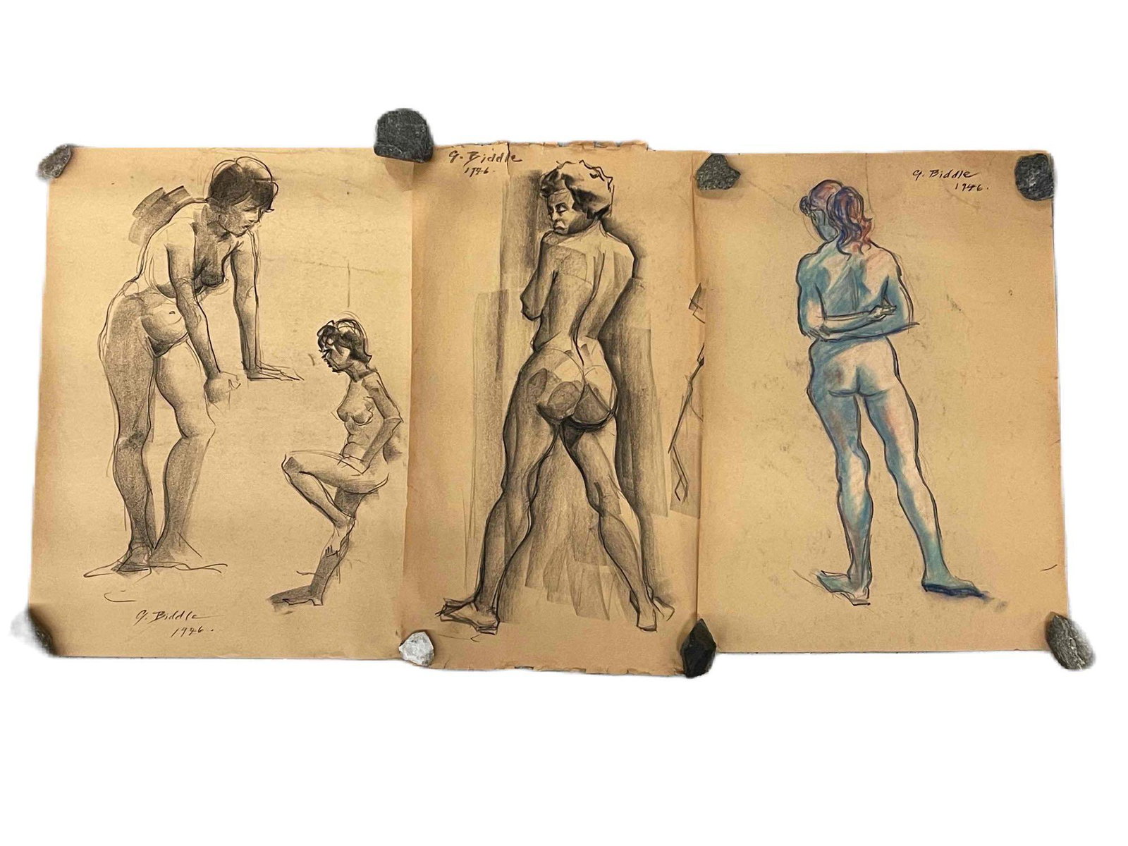 Three George Biddle Charcoal Sketches: George Biddle (Pennsylvania, 1885-1973). Three figural sketches on paper to include two charcoal studies and an oil pastel female nude study. All signed "G. Biddle 1946". Largest: 20-1/2in x 15in. | L