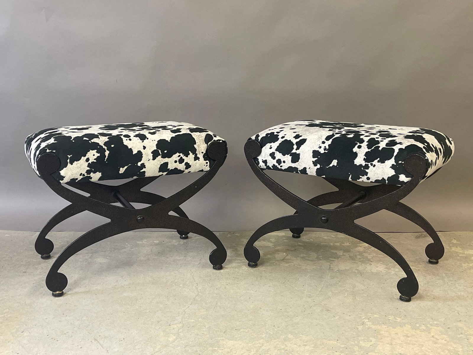 Pair of Decorator Cowhide Iron Benches (1 of 3)
