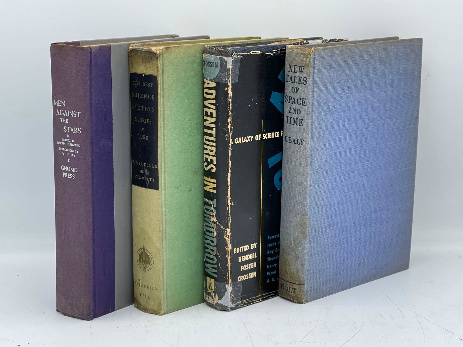 Four Science Fiction Anthologies: To include "Adventures in Tomorrow", a compilation of 10 stories edited by Kendell Foster Crossen, 1951, first edition; "The Best Science Fiction Stories", edited by Everett Bleiler and T.E. Ditky, st