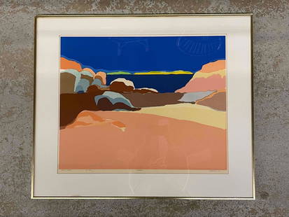 Elizabeth Osborne. Signed Lithograph, Landscape: Elizabeth Osborne (American, b. 1936). A vivid abstract silkscreen landscape lithograph titled "Teriade". Pencil-signed and dated Osborne '71 lower right. Titled and dedicated lower left, marked Artis