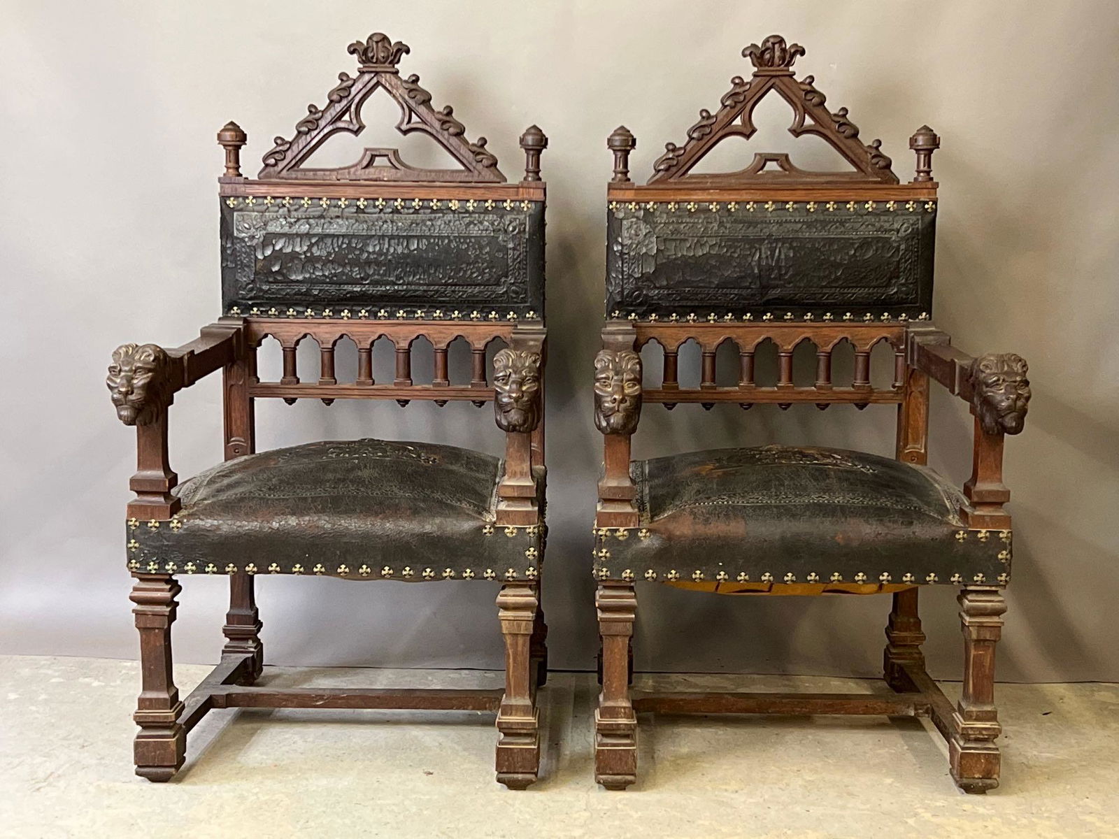 Pair of Lions Mask Oak Carved Hall Chairs (1 of 7)