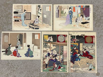 Five Japanese Woodblock Prints: Five Japanese woodblock prints depicting interior scenes, to include Mizuno Toshikata "Tea Ceremony", "The Seasons and their Fashions", and "Greeting Guests", and two by Echigo Niigata, snow scenes. L