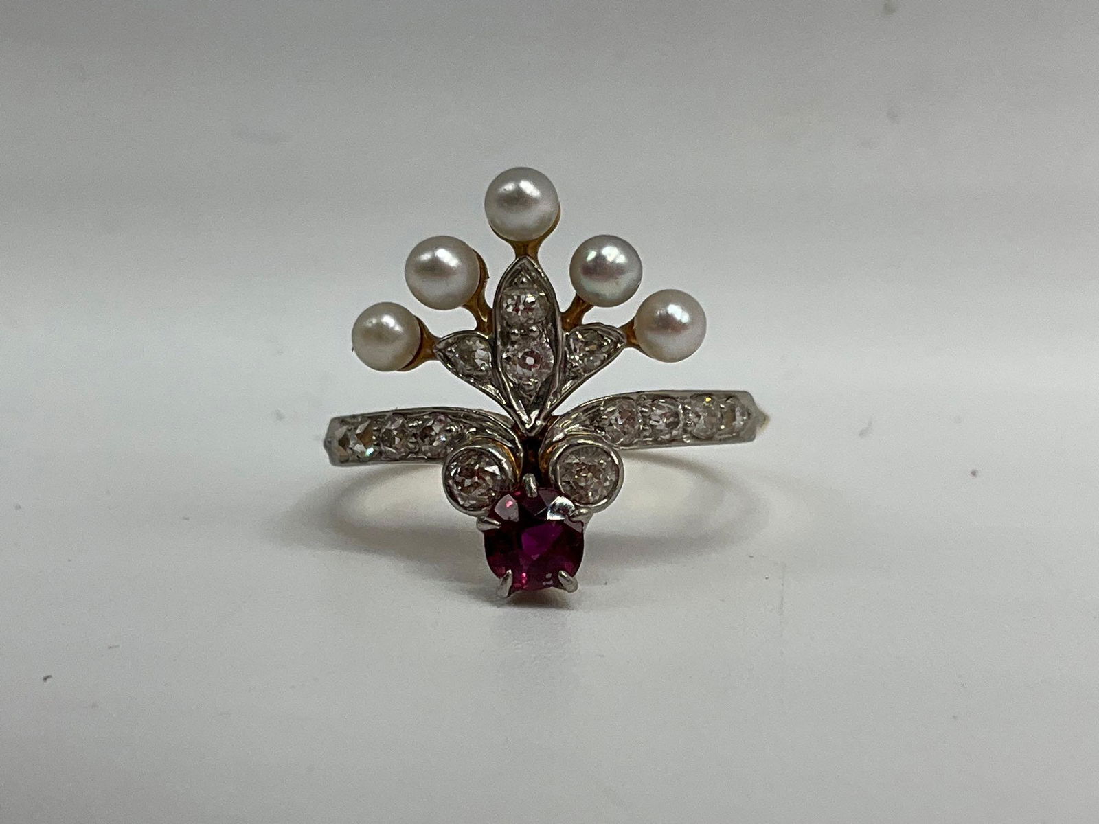 Art Nouveau 18K Diamond, Ruby and Pearl Ring (1 of 8)