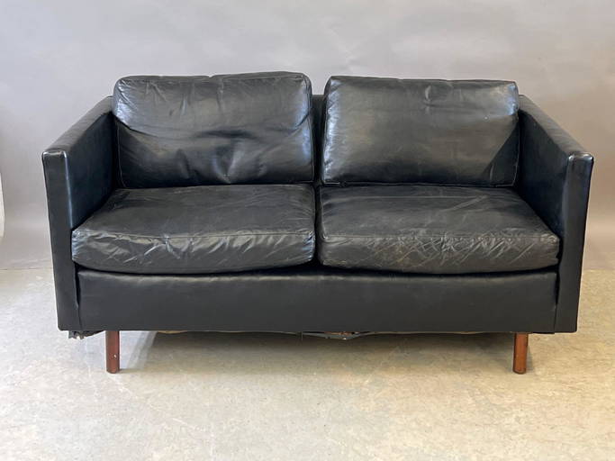 Midcentury Modern Black Leather Loveseat