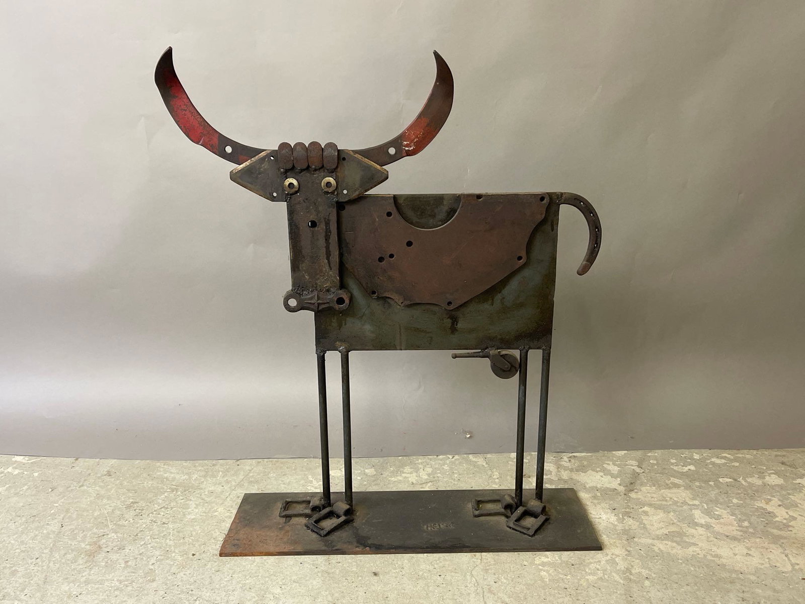 William Heise Forged Iron Bull Sculpture: William "Bill" Heise (American, 1943-2011) A forged and scrap iron sculpture of a bull. Signed "Heise" on stand. 30in tall x 24in wide. Provenance: Chestnut Hill Arts & Crafts private collection. | Lo