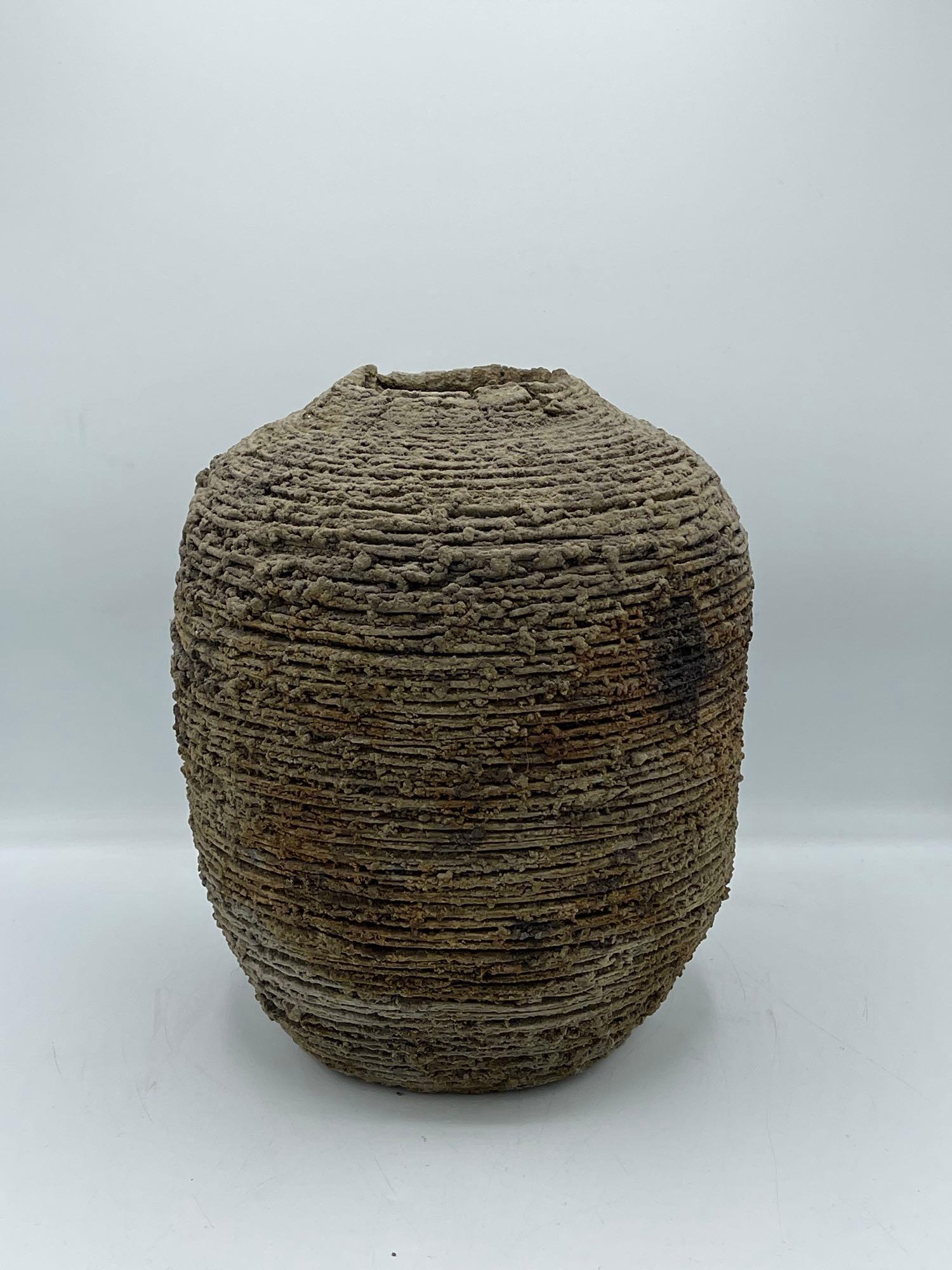 Robert Sieminski Internal Ring Vase: Robert Sieminski (Pennsylvania, b. 1953) A textured clay pot with internal rings. Stamped on base. 11-1/2in tall. Provenance: Chestnut Hill Arts & Crafts private collection. | Local and NYC curbside d