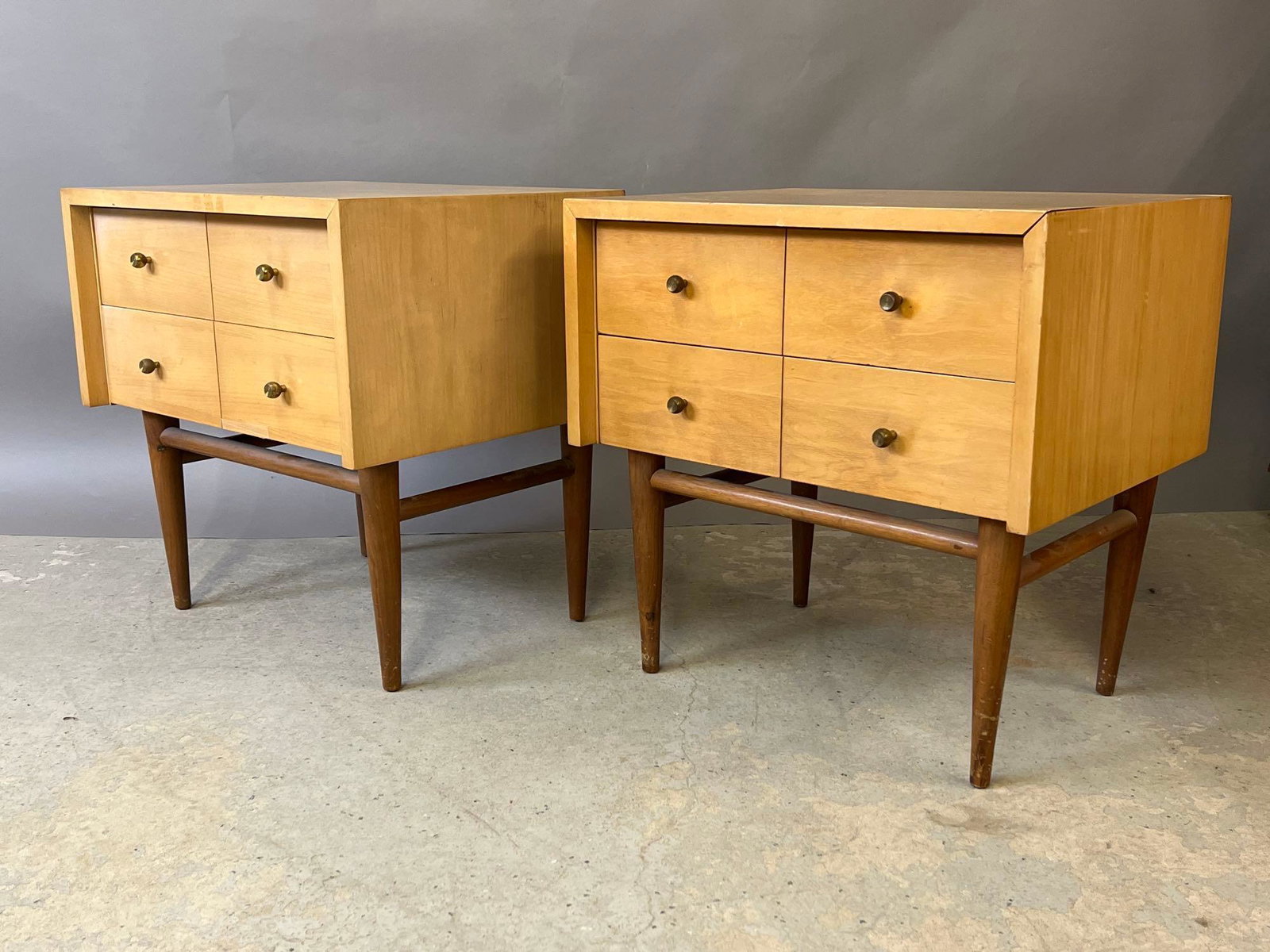 Merton Gershun/American Martinsville Nightstands: A pair of Merton Gershun for American of Martinsville Urban Suburban two-drawer nightstands. Each: 22in tall x 22in wide x 17in deep. | Local and NYC curbside delivery details and international third-