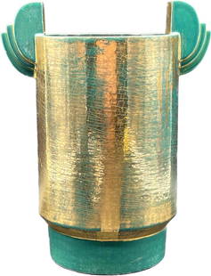 Marcel Guillard Art Deco Vase: A Willy Wuilleumier / Marcel Guillard France Art Deco vase with gilt and glazed handles, circa 1930. Impressed marks. 11-1/2in tall x 9-1/4in wide. Provenance: Chestnut Hill Arts & Crafts private coll