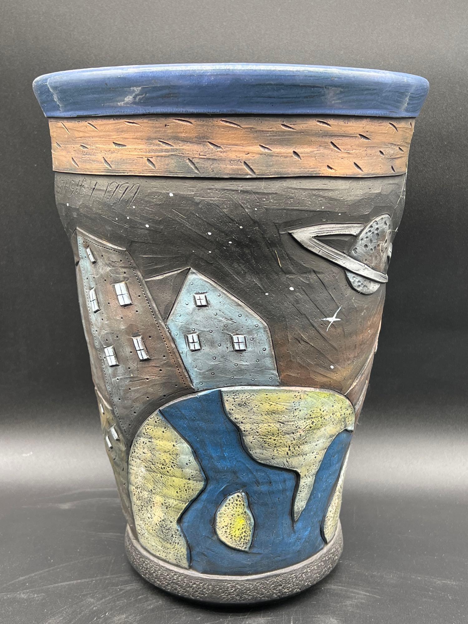 David Stabley Art Pottery Vase: David Stabley (American, Contemporary). A large art pottery vase with starry night design. Signed and dated along rim. 13-1/2in tall x 8-1/2in wide x 10in deep. Provenance: Chestnut Hill Arts & Crafts