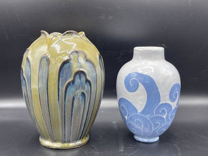 Two Vases: Josef Ekberg & Denver White: A Josef Ekberg Gustavsburg matte blue vase with scroll decoration signed Gustavsberg on base, and a Denver White Art Nouveau-style vase with green and blue glaze. Larger: 7-1/2in tall. Provenance: Che