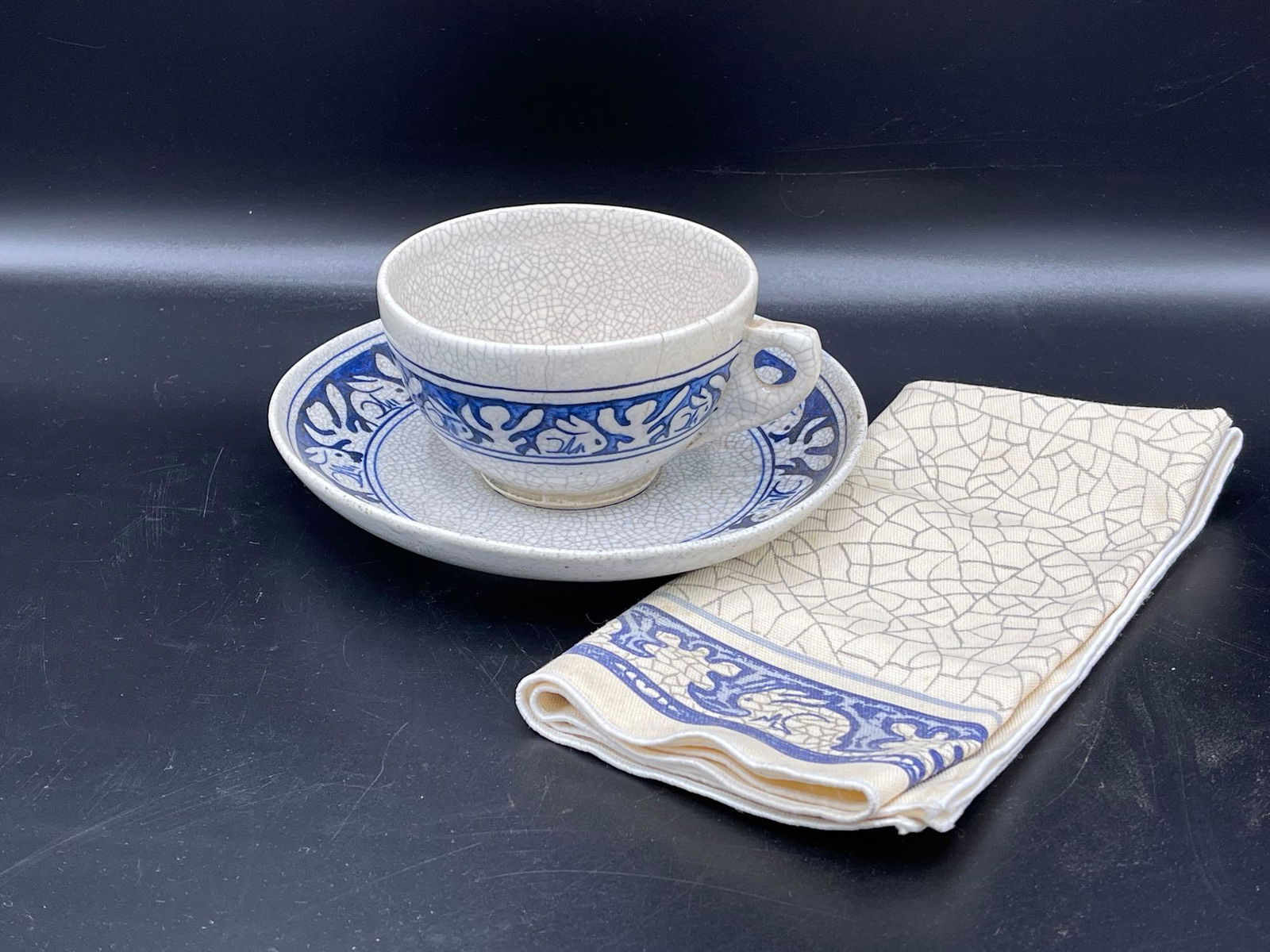 Dedham Pottery Cup, Saucer, and Napkin (1 of 6)