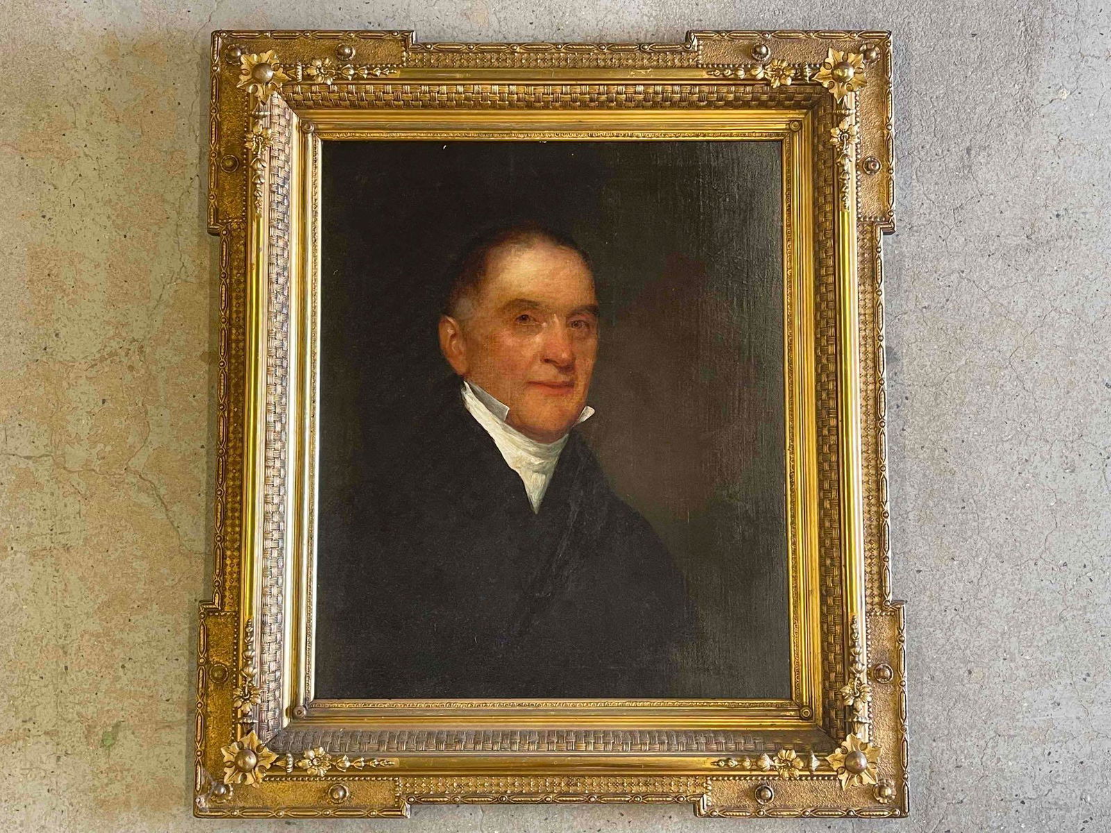 Gilbert Stuart (Attrib.) Oil/Canvas, Portrait: Gilbert Stuart (American, 1755-1828) An attributed oil on canvas portrait of a gentleman, in an ornate gilt frame. Canvas: 25-1/2in x 21in. Frame: 35-1/2in x 31-1/2in. | Local and NYC curbside deliver