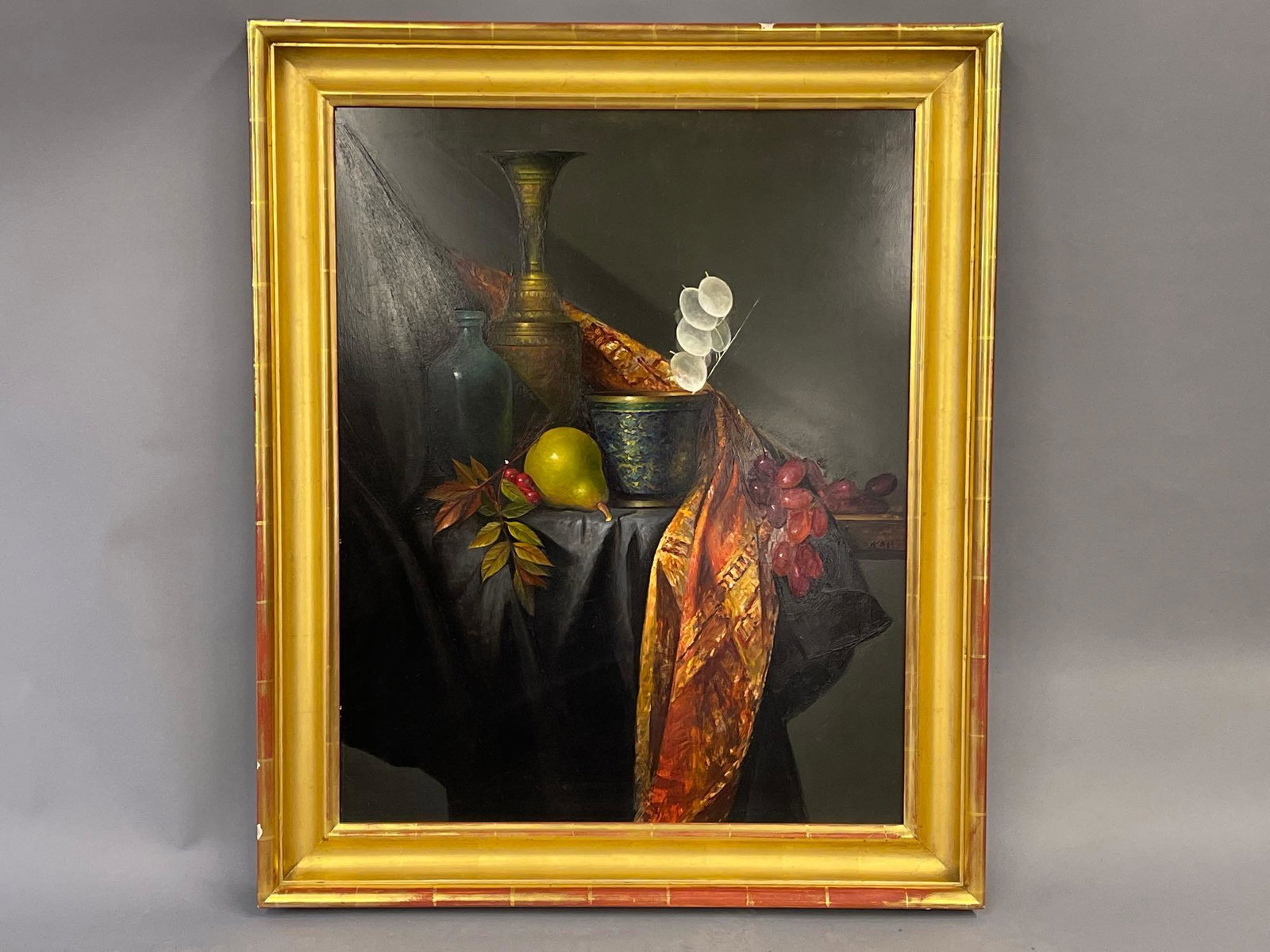 Katharine A. Hartley. Oil/Board, Still Life: Katharine Anne Hartley (American, b. 1959). An oil on board titled "Thai Silk with Pear" depicting fruit among brass vases and fabric, in a gilt wood frame. David Findlay gallery tag en verso. Signed