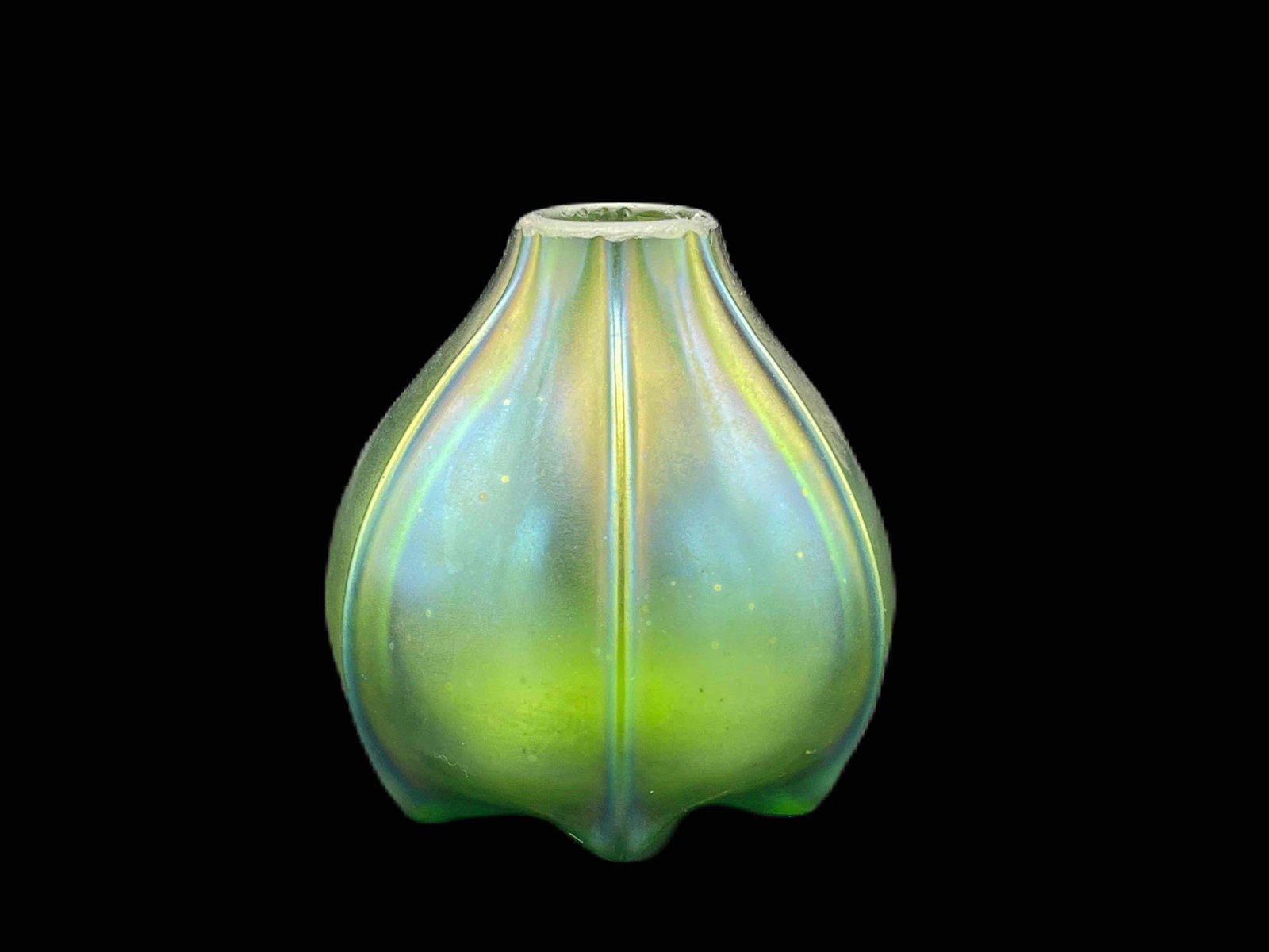 Loetz-style Green Vase: A Loetz-style green iridescent glass vase of onion form. 3-1/2in tall x 3in wide. | Local and NYC curbside delivery details and international third-party shipper recommendations are available on Brigg