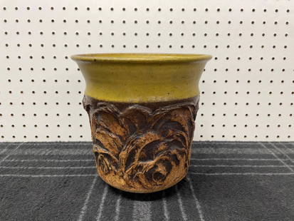 Midcentury Victoria Littlejohn Pottery Planter: (A) A vintage brutalist pottery planter by Victoria Littlejohn. Excellent condition with no chips or cracks. Signed on bottom. Measures 8 1/8in diameter x 8in tall. | Please read the Terms for local p