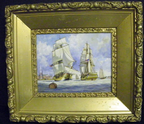 James M. Umstattd, Oil/Board: James M. Umstattd, Oil/board. Sailing ship in Boston harbor. 8" x 10".
