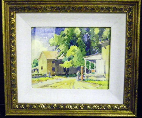 A.v. Greene, Watercolor: A.V. Greene (Albert van Nesse Greene), Watercolor. Landscape with two buildings. 7-3/4" x 9-1/2".