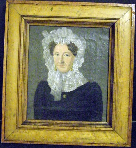 Unsigned, Oil/Canvas: Unsigned, Oil/canvas. Portrait of woman with bonnet. Bird's-eye maple frame. 8-1/2" x 7-1/2".