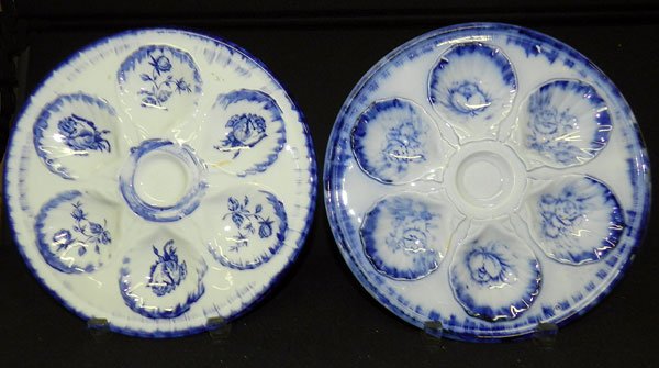 Two Ironstone Oyster Plates: Two blue and white ironstone oyster plates: Victoria Ironstone and C.W.A./M.J.B., Staffordshire, England. Each: 10-1/4"diameter.