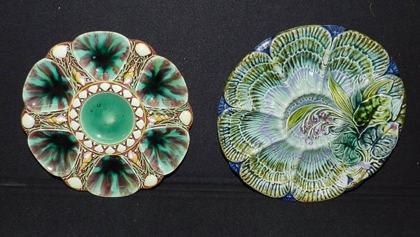 Two Majolica Oyster Plates: Two Mojolica oyster plates. Berries: 10" diameter. Minton: 9-1/4" diameter.