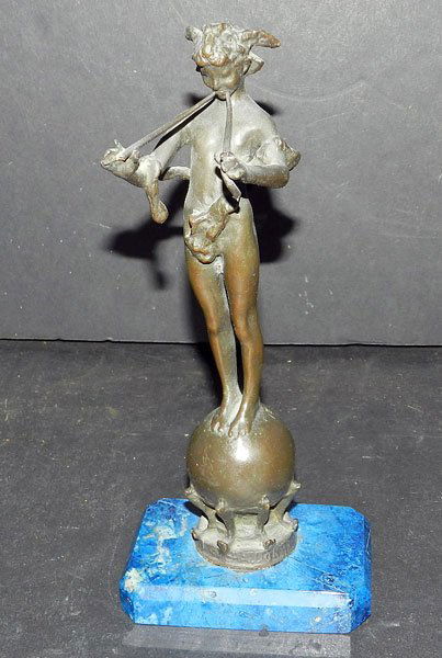 Cast Bronze "Pan" Figure: Cast bronze figure titled "Pan of Rohallion", signed F. MacMonnies 1898 (Frederick William MacMonnies), on blue marble base. 10-3/4" tall.