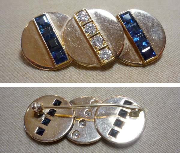 14K Sapphire and Diamond Pin: Sapphire & diamond pin. Tested 14K yg triple disc bar pin with 4 approx. 0.10ct each round brilliant cut bead set diamonds and 8 channel set square cut blue sapphires, 3.6dwt.
