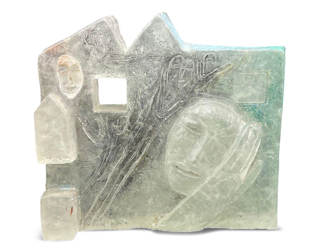 Modernist Cast Glass Sculpture: A modernist cast glass sculpture with faces and symbols throughout in the manner of Bertil Vallien. Appears to be unsigned. 9in tall x 12in wide. | Philadelphia Metro area and NYC curbside delivery de