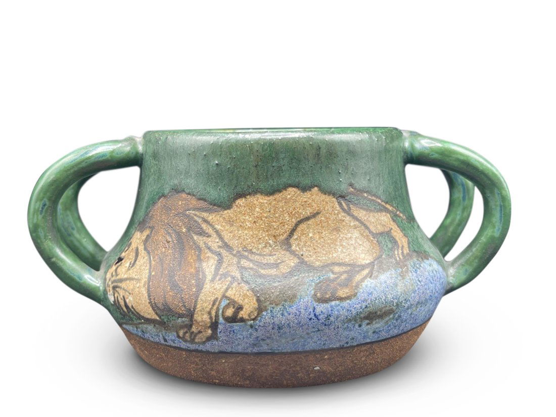 Eduard Stellmacher. Amphora Lion Bowl: Eduard Stellmacher (German, 1868-1945) An amphora stoneware bowl with handles and lion decoration. Signed "Stellmacher Potterie" on bottom. 3-1/2in tall x 6-1/2in wide. | Philadelphia Metro area and N