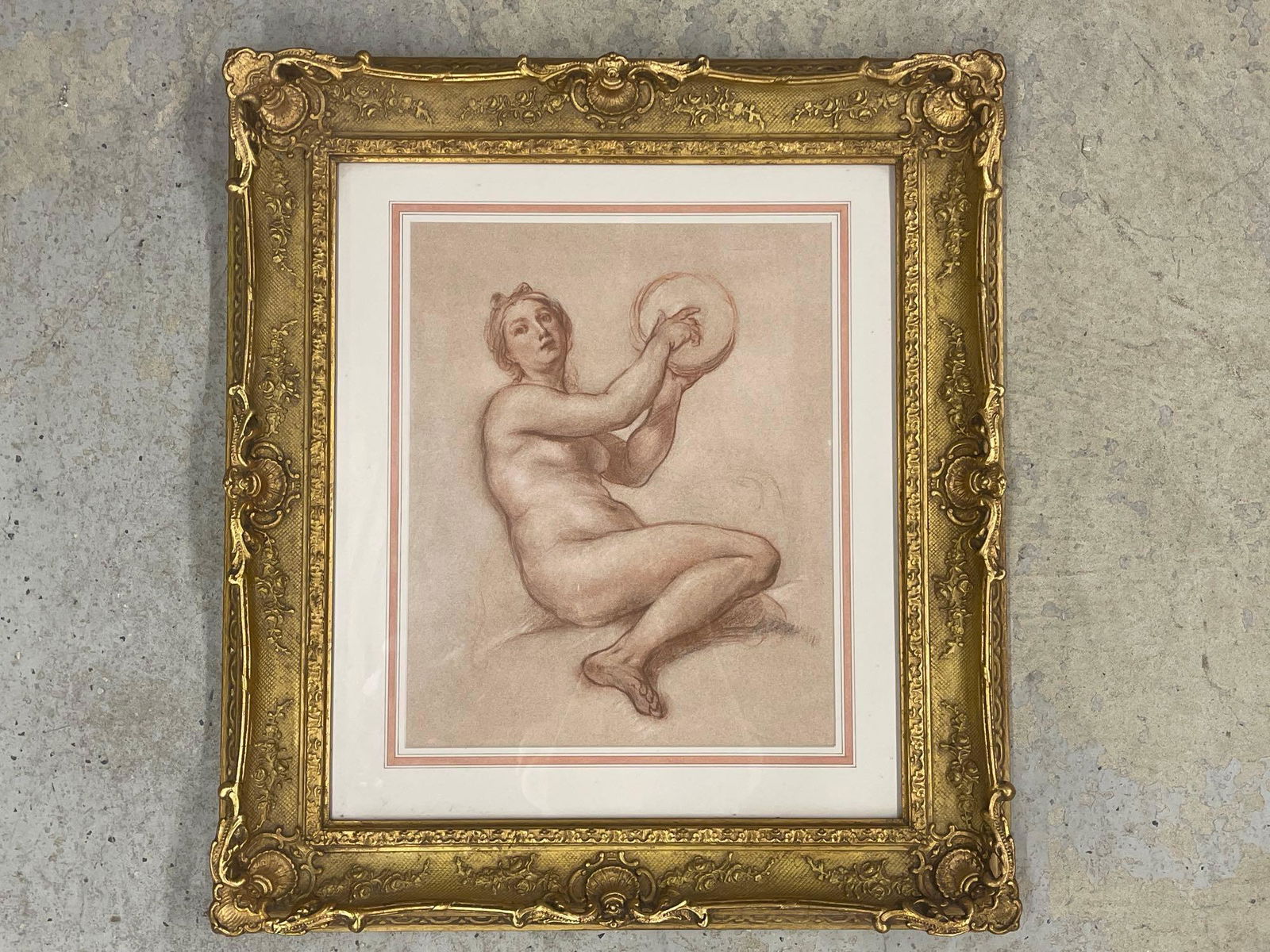 After Natoire. Pastel & Drawing on Paper, Nude: An after Charles-Joseph Natoire pastel crayon drawing on paper of a nude woman, in a gilt wood frame. Paper: 17in x 13-1/2in. Frame: 28-1/2in x 25-1/2in. | Philadelphia Metro area and NYC curbside del