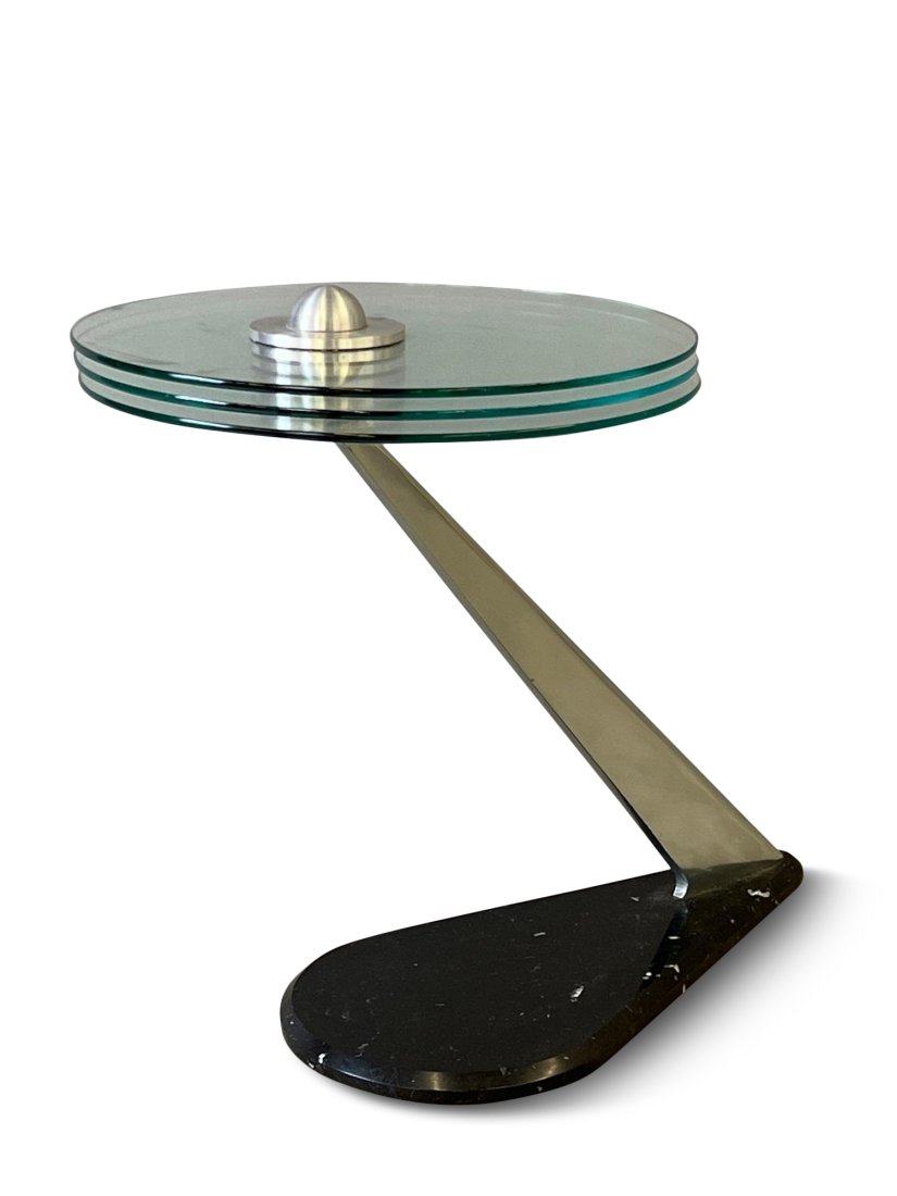 Kaiser Newman Postmodern Drinks Table: A Kaiser Newman postmodern drinks table with a glass top over an aluminum frame and marble base. Unmarked. 21in tall x 25in wide. | Philadelphia Metro area and NYC curbside delivery details, and inter