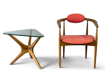 Adrian Pearsall Armchair and Side Table: An Adrian Pearsall for Craft Associates 950-C walnut armchair, together with a Jacks side table with glass top. Chair: 30in tall x 24-1/2in wide x 19-1/2in deep. | Philadelphia Metro area and NYC curb