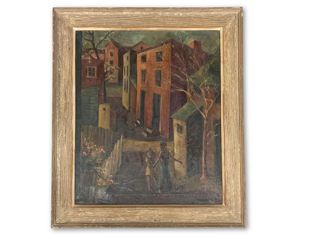 Ruth Berger. Oil/Canvas, Neighborhood: Ruth Berger (Philadelphia, 1915-1994). An oil on canvas depicting two figures in a neighborhood setting. Signed lower right, attributed verso. Canvas: 24in x 20in. Frame: 29-1/2in x 25-1/2in. | Philad