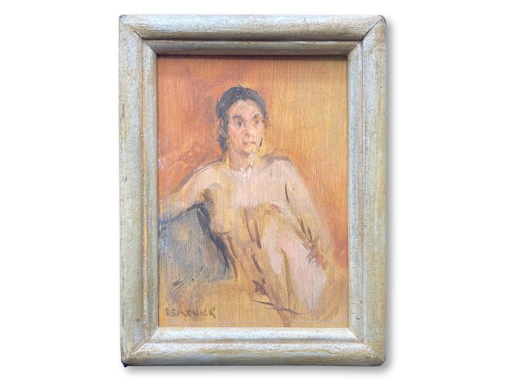 Seymour Remenick. Oil/Panel, Seated Nude: Seymour Remenick (Pennsylvania, 1923-1999). An oil on panel of a seated female nude. Signed lower left. Panel: 6in x 4in. Frame: 7in x 5-1/2in. | Philadelphia Metro area delivery, NYC curbside deliver