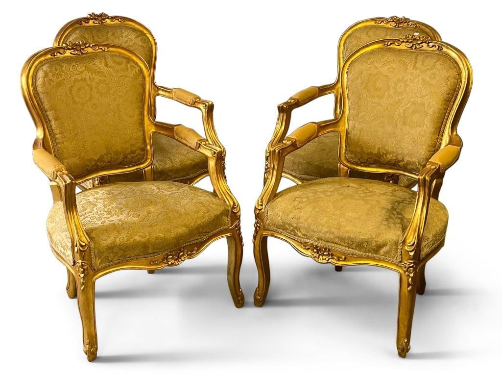 Four Giltwood Louis XV-Style Fauteuils: A set of four Louis XV-style giltwood fauteuils with foliate carved frames. Each: 37in tall x 23in wide x 22in deep. | Philadelphia Metro area delivery, NYC curbside delivery, and international third-