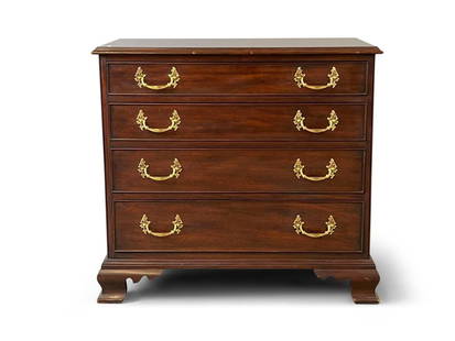 Henkel Harris Mahogany Bachelor Chest: A Henkel Harris Chippendale-style mahogany bachelor chest, the uppermost drawer with tray top surface. 31in tall x 34in wide x 19in deep. | Philadelphia Metro area delivery, NYC curbside delivery, and