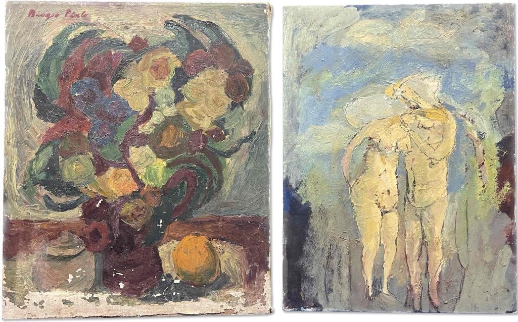 Two Biagio Pinto Oils: Nude and Still Life: Biagio Pinto (Philadelphia, 1911-1989) To include an abstracted still life on canvas, signed top right; and a figural nude on masonite board, unsigned. Larger: 24in x 20in. | Philadelphia Metro area d