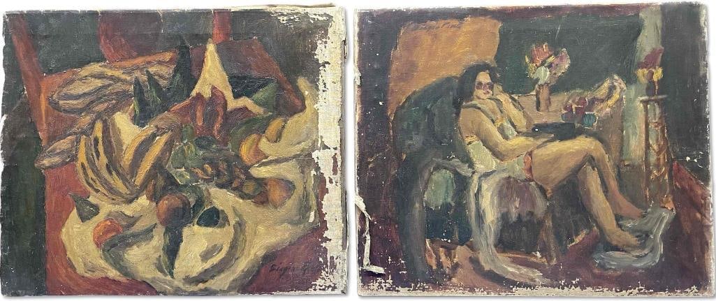 Two Biagio Pinto Oils/Canvas, Still Life & Nude: Biagio Pinto (Philadelphia, 1911-1989) Two oils on canvas to include a fruit still life and a seated nude. Each signed. Seated figure has Makler Gallery tag verso. Each: 20in x 24in. | Philadelphia Me