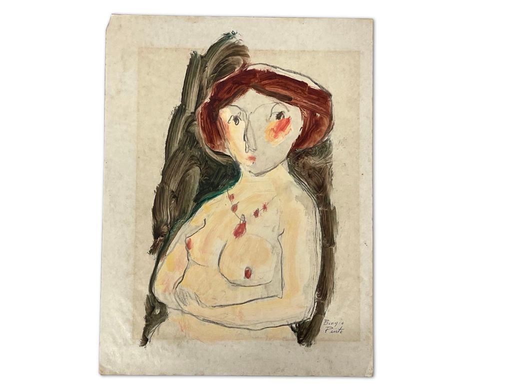 Biagio Pinto. Mixed Media, Nude: Biagio Pinto (Philadelphia, 1911-1989) A mixed media on paper depicting a female nude wearing a necklace. Signed lower right. 16in x 12in. | Philadelphia Metro area delivery, NYC curbside delivery, an