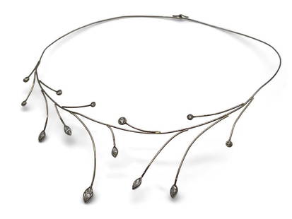 14K Gold Wire and Diamond Choker Necklace: A 14k yellow gold wire choker necklace of fine foliate form with 13 various cut diamonds. Unmarked but tests as 14K. Approx. 5-1/4in wide. 3.9 dwt. | Philadelphia Metro area delivery, NYC curbside del