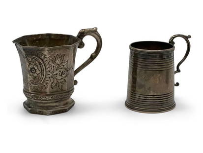Two Coin Silver Handled Mugs: Two American coin silver mugs to include one by Lincoln & Reed, Boston, inscribed and dated 1860; and a Salisbury mug with foliate engraving and inscription. Taller: 4in tall x 4-1/2in wide. 9.19 ozt