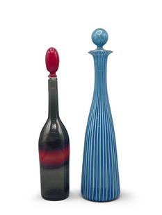 Two Venini Murano Italia Decanters: Two Venini Murano glass decanters to include a Fulvio Bianconi-designed decanter bottle with red stopper, and a blue and green Gio Ponti designed striped decanter. Each has a three-line Venini Murano